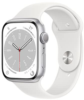 Apple Watch Series 8 (GPS, 45mm) - Boîtier en Aluminium Argent avec Bracelet Sport Blanc - Regular (Reconditionné)