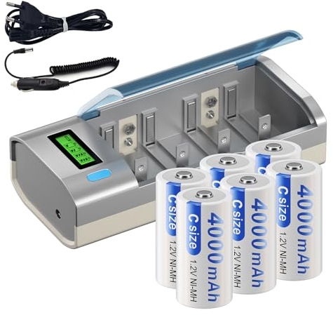 Mspalocell Baterías Recargables C 4000mAh con Cargador Universal LCD para AA/AAA/C/D/9V, Cargador de Baterías NIMH