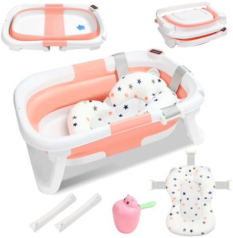 Eulenke Faltbare Babybadewanne mit integriertem Thermometer und Baby-Haarwaschbecher - Tragbare Rutschfeste Wanne für Neugeborene bis 3 Jahre - Stützkissen inklusive, Rosa