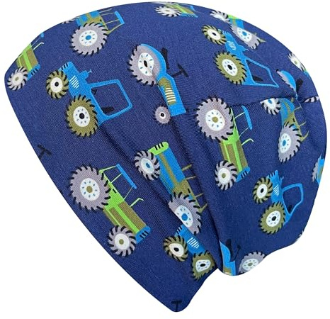Ullkycklingar pojkar/flickor Shorties beanie/beanie-mössa/stickad mössa/barnmössa, bekväm, många motiv, jersey, tvåskiktsfodrad, övergångsperioder (ekologiskt tyg/bio) 202401, traktor mörkblå, 52-54