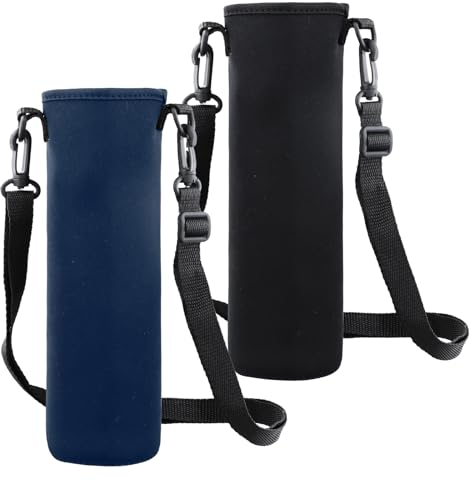Anseom 2 Pièces Sac de Bouteille d'eau, 8 × 25CM 1500ML Grand Porte-Bouteille Thermos Pochette Bouteille avec Bandoulière Réglable pour Sport Randonnée Cyclisme Voyages Campus (Noir+Bleu)