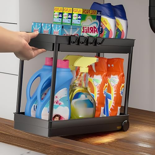 Senshi Japan Under Sink Organiser Shelf, 2 Tier Stackable Kitchen, Bathroom, Countertop Spice Rack Shelves With Hooks Storage (2 Pack)