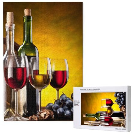 Grapes Wine Bottles And Drink, Jigsaw Puzzles 1000 Pieces Wooden Jigsaw Toy Family Game Wall Decor for Adults Teens