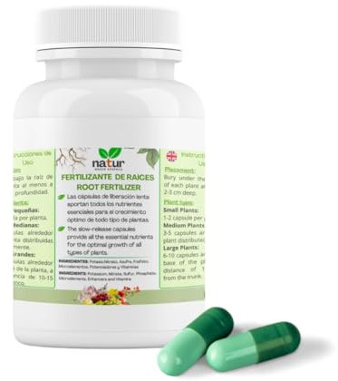 Natur Cápsulas de Abono para Raíces, Potenciador del Crecimiento, Abono Completo con todos los Nutrientes para Plantas de Interior, Exterior y Jardín, 100 Pastillas.
