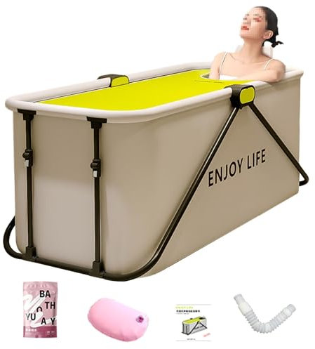 Rektangulärt Bubbelbadkar med Lock, Fällbart Fristående Badkar för Vuxna, Bärbart Badkar med Ryggstöd, Sittdyna, Avloppsslang(120 * 53 * 50cm)