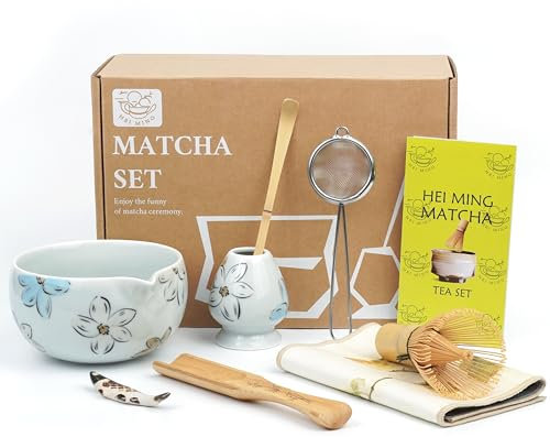 HEI MING Matcha Set Grau (8-teilig) und Schale mit Ausgießer, Premium Matcha Tee Set für Matcha Latte Zubereiten, Handgemachter Bambusbesen (Chasen), Löffel & Sieb, Originelles Geschenk für Matcha