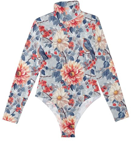 voucong Fleurs d'automne Dahlia cerisier Oiseaux Argent_3 Corset à manches longues pour femme Body Adulte Justaucorps pour femme Haut mignon pour femme Col roulé Combinaison Taille M, Fleurs d'automne