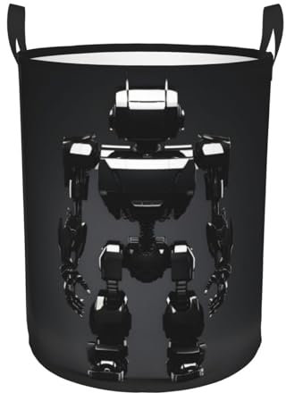 Black robot print foldable round laundry basket, dirty clothes laundry basket, storage bucket for toys.