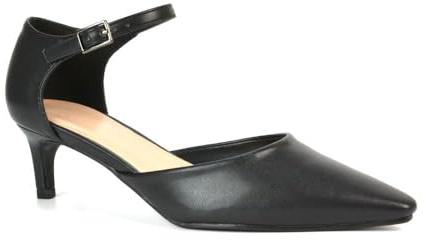 Women's Classic Low Kitten Stiletto Heel Ladies Black Synthetic Leather 2 Piece Ankle Strap Court Shoes Size 7
