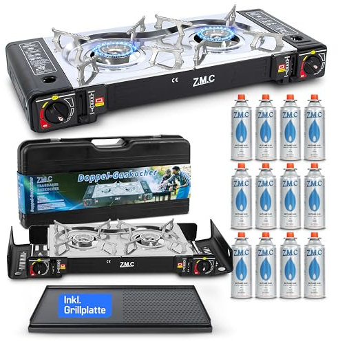 ZMC Camping Gaskocher 2-flammig inkl. Adapter für LPG Anschluss + Aufbewahrungskoffer, Campingkocher mit Gaskartuschen 227g und Grillplatte Wählbar (Gaskocher + Grillplatte + 12x Gaskartuschen)