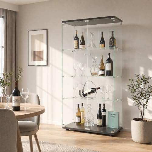 Vetrina in vetro salone, 164 x 80 x 36,5 cm Vetrina espositoria in vetro con serratura e 2 ante 4 ripiani vetrina trasparente grande vetrina da collezione per soggiorno bar (2 ante 4 strati, nero)