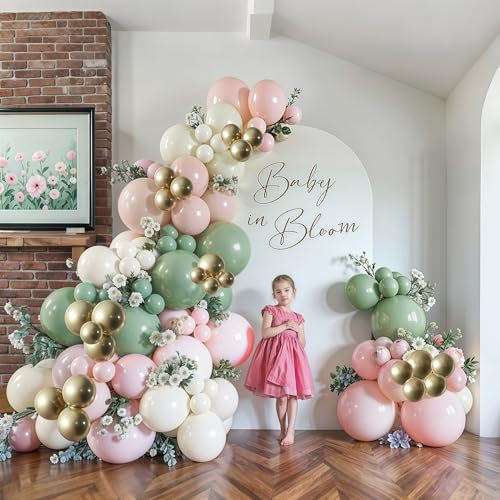 Baby in Bloom Balloon Arch Kit, 134Pcs Dusty Sage Green and Pastel Pale Pink Cream White Beige Light Gold Floral Balloon Garland for Girls Boho Baby Shower Flower Birthday Garden Tea Party Decorations