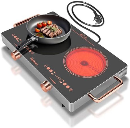 Nefaracy 2 Ring Electric Hob with Handle, 3200W 2 Zone Ceramic Hob 56cm, Knob+Touch Control, Double Electric Ceramic Hob Countertop, 220V-240V Plug in, Safety Lock & 4H Timer (Orange)