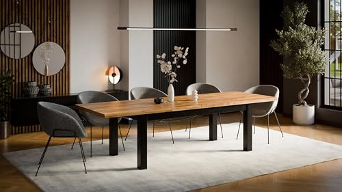 VALLH Esstisch 90x170 ausziehbar bis 250 cm – Tisch mit Dekor in Eiche und Beinen aus Buche massiv – Ausziehtisch schwarz für Esszimmer Küche – Landhausstil Industrial Esszimmertische