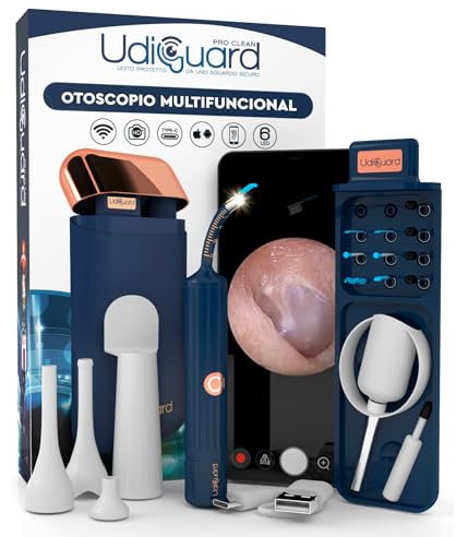 Otoscopio Pulizia Orecchie Flessibile Digitale con Telecamera HD 10mp WiFi Rimozione Cerume - UdiGuard Pro-Clean Kit per Orecchie Naso Gola - Con Pinzette e Punte Sostituibili - Adulti e Bambini