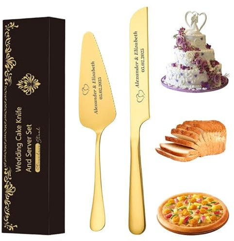Genérico Set de Cuchillo y Tenedor para Tarta de Boda de Acero Inoxidable, con personalización de Patrones únicos Bodas, cumpleaños, Fiestas, Aniversarios y para Cortar Tartas