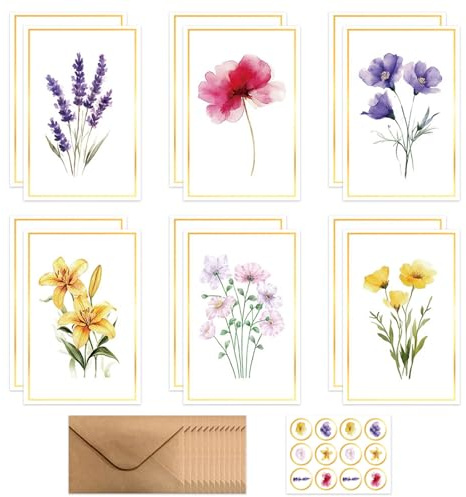 Zyluniy Lot de 12 Cartes Voeux d'Anniversaire, Cartes de Vœux à Motif Fleuri avec Enveloppe, Floral Carte Postale Pliantes Cartes de Remerciement, Birthday Card pour Remise Diplôme, Anniversaire, Noël
