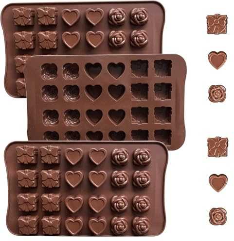 Confezione da 3 stampi per cioccolato in silicone, 24 fori, simpatici stampi (scatola regalo, cuore, rosa), stampi per caramelle antiaderenti per lavori fai da te, per uso alimentare, morbidi e facili