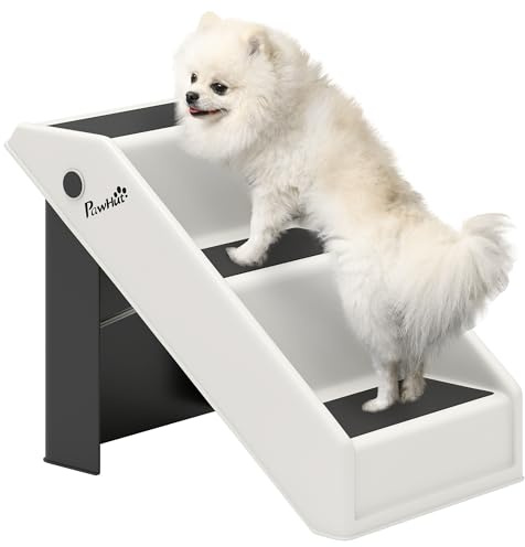 PawHut Escalera para Perros Plegable de 3 Peldaños, Portátil, Escalera para Mascotas Mayores, Perros Pequeños, Gatos, para Cama, Sofá, 53x30,5x36,5 cm, Blanco Crema