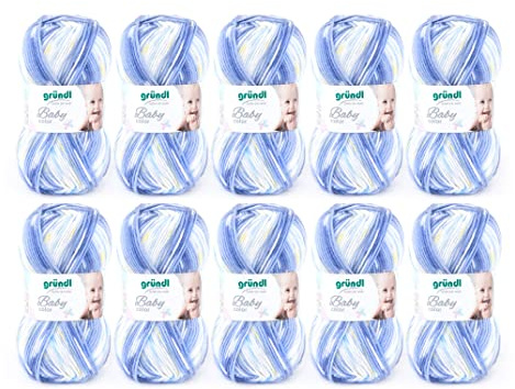 Gründl Babyfärg, 10 nystan om 50 g ull (ullliknande handstick- och virkgarn, tvättbar, av 70% polyakryl och 30% polyamid, 100 g/300 m, nåltjocklek: 3,5 – 4,5, 10 x 50 g), blå flerfärgad