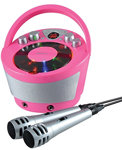 Groov-e - Máquina portátil para Karaoke con Reproductor de CD, reproducción inalámbrica Bluetooth, iluminación de Efecto de Fiesta, micrófono y Control de Voz, 2 micrófonos incluidos, Color Rosa