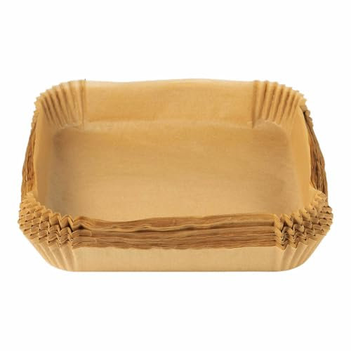 MasterPRO Foodies Carta da forno per friggitrice ad aria senza BPA Set da 100 pezzi Stampi di carta per friggitrice ad aria quadrati da 26 cm con cestello da 3-4.5 litri non sbiancati