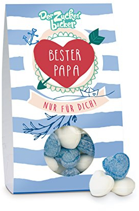 Bester Papa, leckere Heidelbeer-Eiszucker-Bonbons in Herzform, 80 Gramm Naschportion, schöne Kleinigkeit zum Vatertag für den besten Papa