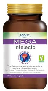 Dielisa - Mega Intelecto, Complemento Alimenticio con Extracto de Bacopa, Ginkgo Biloba, Colina, Taurina, Hierro, Zinc y Vitaminas, Favorece el Foco, la Memoria y la Concentración - 60 Cápsulas