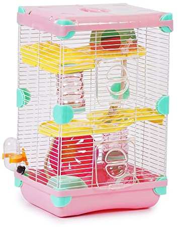Roborowski - Gabbia per criceti, 27.7*20.5*42.5cm, gabbia per criceti, 2 piani con ruote, abbeveratoio, mangiatoia, colore: rosa