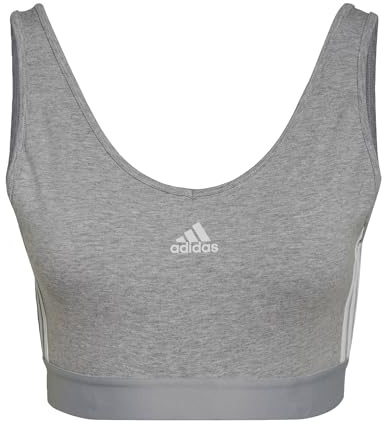 adidas Donna Essentials 3-Stripes Crop Top With Removable Pads, Medium Grey Heather / White, XL