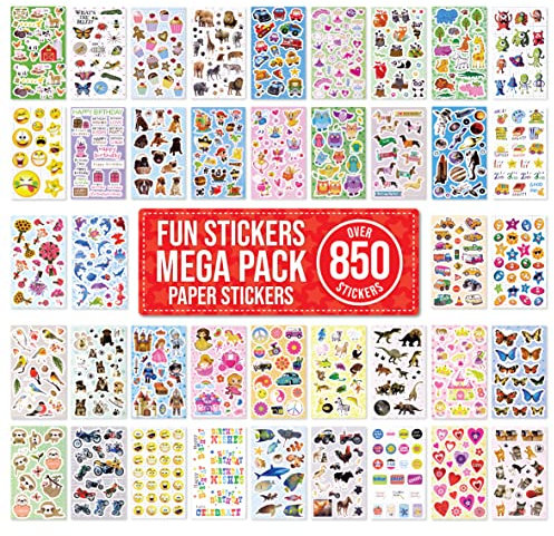 Children Stickers for Scrapbooking, Crafting, Decorating - OVER 850 Self Adhesive Paper Stickers 48 Designs - Party Bag Fillers for Kids, Boys Girls & Teacher Rewards - Animals, Dogs, Cars, Princess