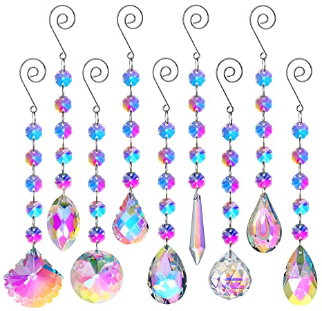 9 Pack Sun Catchers,Rainbow Maker Crystal Suncatchers For Window Hanging Ornaments Colorful Glass Wind Chimes Kit Prism Pendant for Home,Chandeliers,Garden,Christmas Tree Decoration