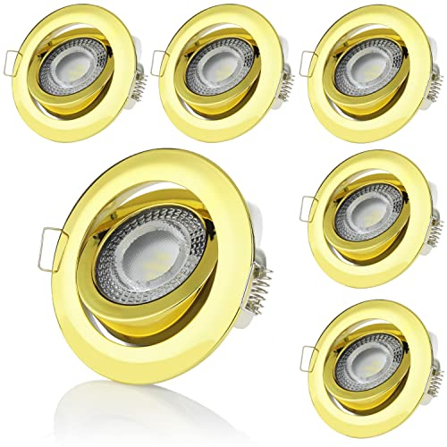Sweet Led Einbaustrahler 3-Step-Dimming deckenspots flach 5W 230V Decken Einbauleuchte 3 Stufen dimmbar Einbauspots schwenkbar spots goldfarbig rund warmweiß einbau 6 stück