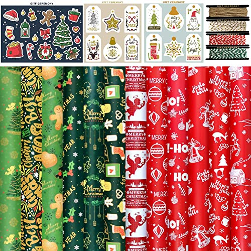 FullJoyHut Ensemble 12 Feuille Papier Cadeau de Noël Papier d'Emballage Kraft 70x50cm Motif Renne Flocons con 12 Étiquette Cadeau Papier,12 Autocollant,4 Rouleaux Cordes pour Cadeaux Noël,40 pcs set