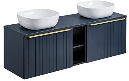 PIASKI Meuble de lavabo double avec plan de travail Santa FE Deep Blue, meuble de lavabo avec étagère, meuble de lavabo suspendu, couleur bleu marine (avec étagère)