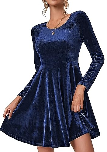 Zeagoo Robe de Soiree Femme Chic et Elegant Robe de Bal Élégante Velours Robe Manches Longues Robe Cocktail Col Rond Robe de fête Moulante Bleu foncé M