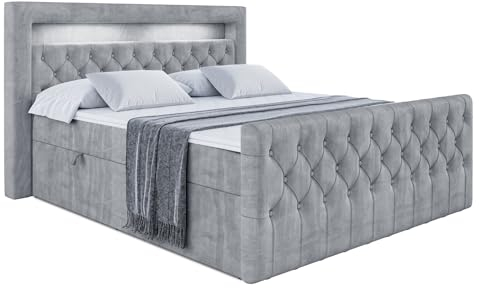 ALTDECOR Boxspringbett mit Matratze und Lattenrost, LED Boxbett, Topper, Fußteil, Polsterbett mit Bettkasten, Bett mit Stauraum H3-Matratze, Doppelbett, Springboxbett - Aurora - 180x200 - Grau Samt