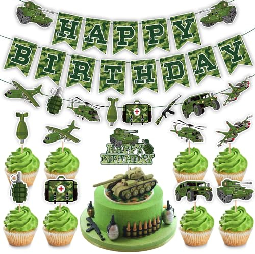 Kamouflage födelsedags festtillbehör, grön kamouflage födelsedagsbanderoll, armésoldat militär födelsedagstårta topping cupcake topper