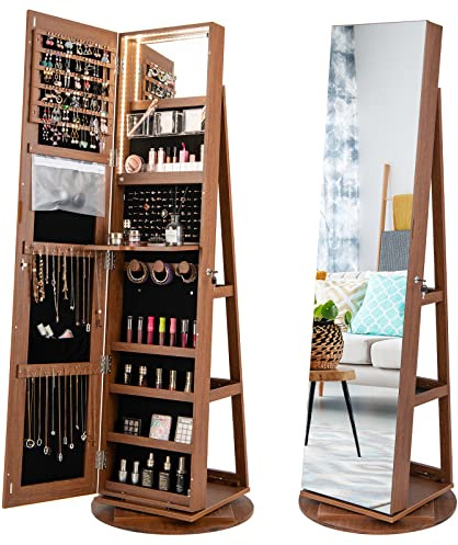 COSTWAY Armoire à Bijoux Pivotante à 360°, Rangement Bijoux Design 3 en 1 avec Miroir Pleine Longueur et Lumières LED 3 Couleurs, Organisateur de Bijoux Style Nordique, Brun