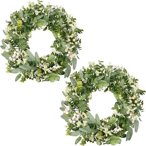 2PCS Eucalyptus Wreath, COLORSPEC 46cm/18Inch Boxwood All Year Round Door Wreath, All Seasons Summer Spring Wreaths For Front Door Outdoor Indoor Farmhouse Home Fireplace