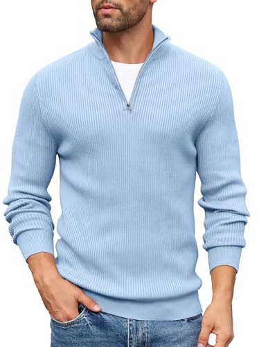 COOFANDY Sweaters for Men Quarter Zip Jumpers Turtle Neck Tops Polo Neck Jumpers Knitted Sweater Turtleneck Jumper Business Sweater Light Blue L