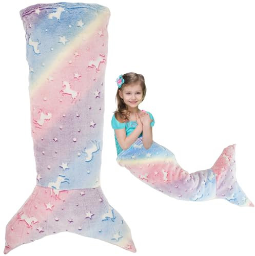 50x100cm Mermaid Tail Blanket, Luminous Little Mermaid Blanket for Girls Gifts, Ultra-Soft Flannel Sleeping Blankets Fish Scale Pattern Snuggle Blankets for Toddlers Birthday (pink purple)