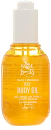 Sol Beauty Huile Corps Séchante Parfum Caramel Vanille avec Extrait de Noix du Brésil et Huile de Fruit de Buriti, Aide à Raffermir et Hydrater la Peau, Hydratant Léger Vegan Amical 45ml