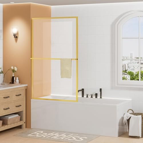Bathbliss Tub Shower Glass, 34 W x 60 H, Half Shower Door Screen, Fixed Tub Glass Door, with Tempered Glass, Brushed Gold