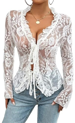 Caziffer Tops Pizzo da Donne Manica Lunga Casual Mesh Top Elegante Velato Basic Tie Front Camicette per Club Streetwear Vestiti Estetici
