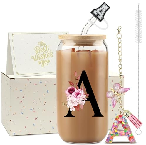 ZIOSINM A-Z Lettera Bicchiere Con Cannuccia, 500ml Tumbler con Coperchio, Regalo Donna Compleanno, Ideale Come Regalo Maestre Fine Anno (A)