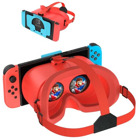 Cuffie VR per Nintendo Switch OLED & Switch – Lenti e fascia HD regolabili, comodi occhiali 3D per Zelda, Mario Odyssey, Smash Bros VR Gaming (Rosso)