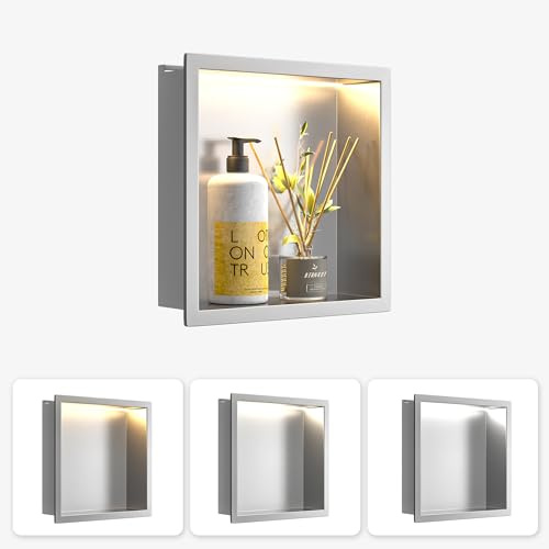 Bernkot Ducha de acero inoxidable con LED, 30 × 30 × 10 cm, cepillado
