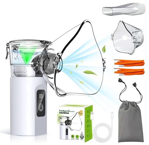 Nebulizador Portátil para Adultos y Niños, Nebulizador Bebe Silencioso (<25dB) Recargable USB-C, 3 Modos de Nebulización, 2 Mascarillas y Boquilla, Inhalador Nasal para Uso en Casa y Viaje