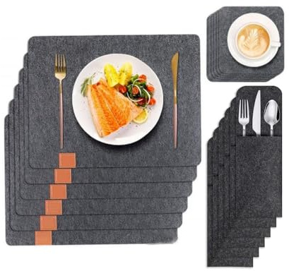 YANGHX Felt Placemats Coasters Cutlery Set, 6 Placemats, 6 Coasters, and 6 Cutlery Bags Non-Slip Table Place Mats Heat-Resistant Washable Table Mats Set For Home and Restaurant (Deep Grey)
